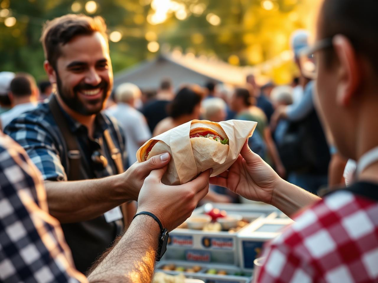 Line of food trucks at evening festival
