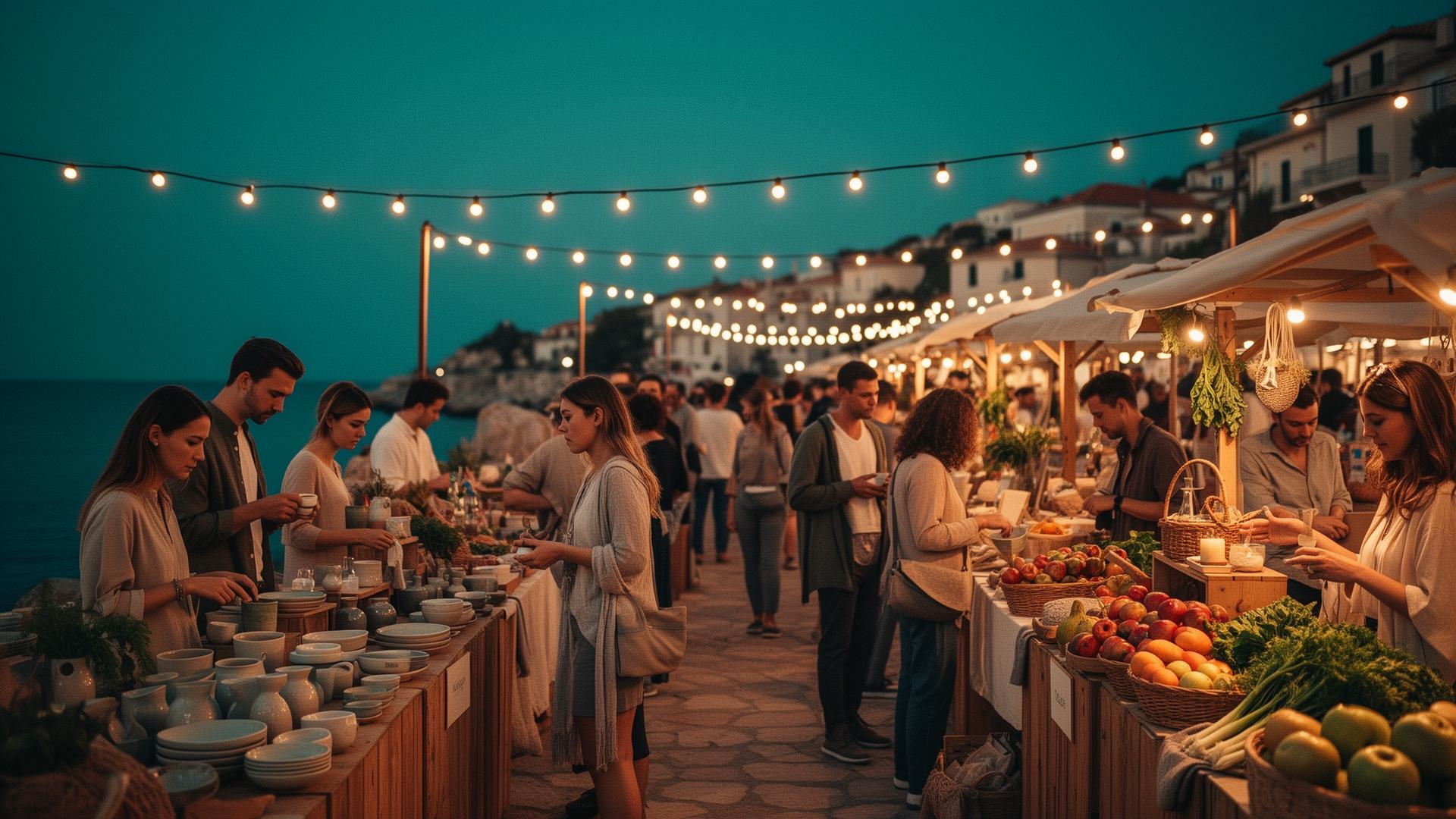 Vendors and shoppers at a lively outdoor artisan market
